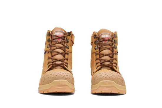 Wheat Nubuck safety boots with steel toe, moisture-wicking lining, slip-resistant outsole, and stylish zipside design.