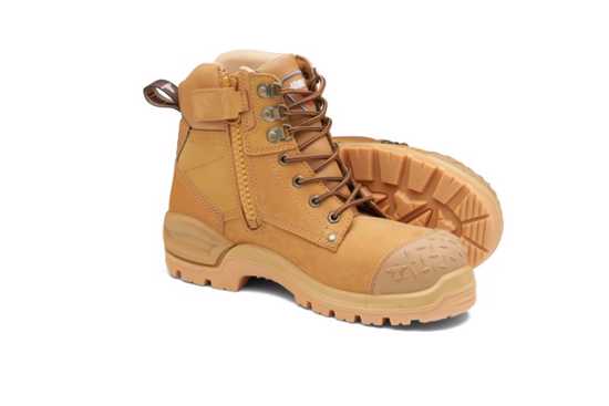 Zip-sided safety boots in wheat Nubuck leather with steel toe, slip-resistant outsole, and moisture-wicking lining for ultimate protection.