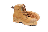 Wheat Nubuck safety boots with steel toe cap, scuff guard, moisture-wicking lining, and slip-resistant outsole, size 7.