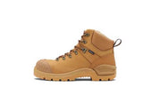 Wheat Nubuck safety boots with steel toe, slip-resistant outsole, and breathable lining for comfort and protection. Size 4.