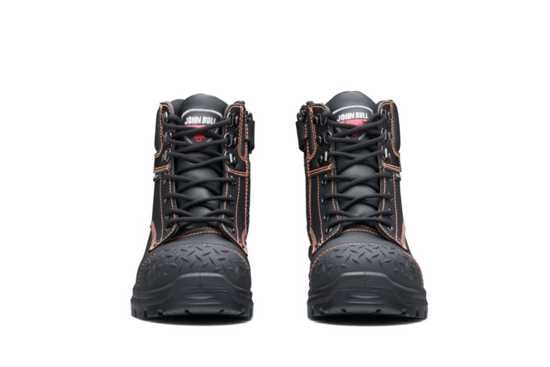 Lace-up black safety boots with steel toe cap, water-resistant leather, and slip-resistant outsole, size 14.