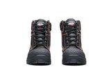 Lace-up black safety boots with steel toe, anti-bacterial footbed, and slip-resistant outsole for rugged terrains.