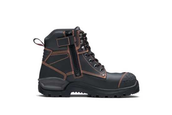 Lace up black safety boots with steel toe cap, slip-resistant outsole, and moisture-wicking Coolmax lining for rugged work.