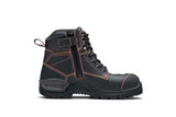 Lace up black safety boots with steel toe cap, slip-resistant outsole, and moisture-wicking Coolmax lining for rugged work.