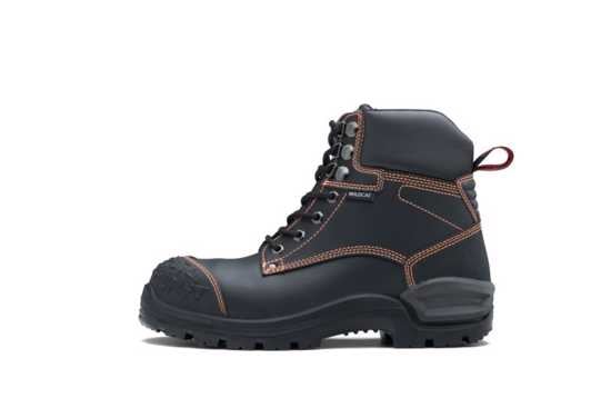 Black Lace Up Safety Boots by John Bull with steel toe cap, moisture-wicking lining, and slip-resistant outsole, size 4.