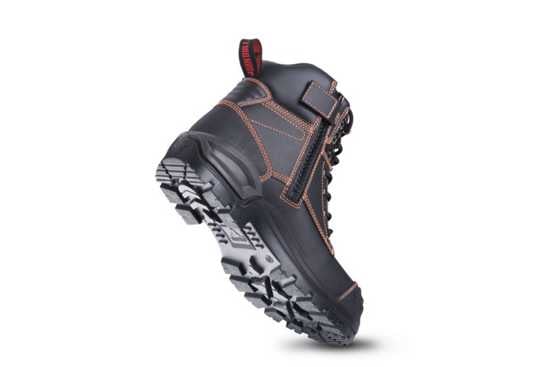 Lace Up Safety Boots in black Bullhide leather with orange stitching; durable, water-resistant, with superior cushioning and protection features.