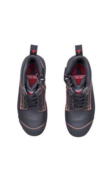 Black lace-up safety boots with steel toe cap, water-resistant leather, slip-resistant outsole, and High-Vis orange stitching.