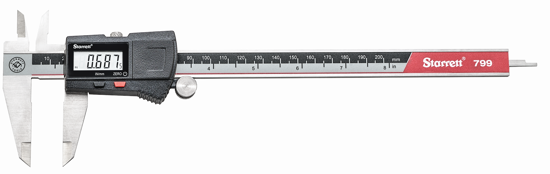 Starrett Electronic Caliper EC799A-8/200, a durable and precise 200mm measuring tool with LCD display and ergonomic design.