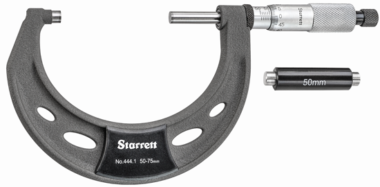 Starrett Outside Micrometer 444MXRL-75, precision tool with 0.01mm graduations, 50-75mm range, and rust-resistant satin chrome finish.