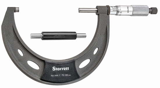 Starrett Outside Micrometer 444MXRL-100, 75-100mm range, no-glare chrome finish, insulated frame, precise accuracy and easy handling.