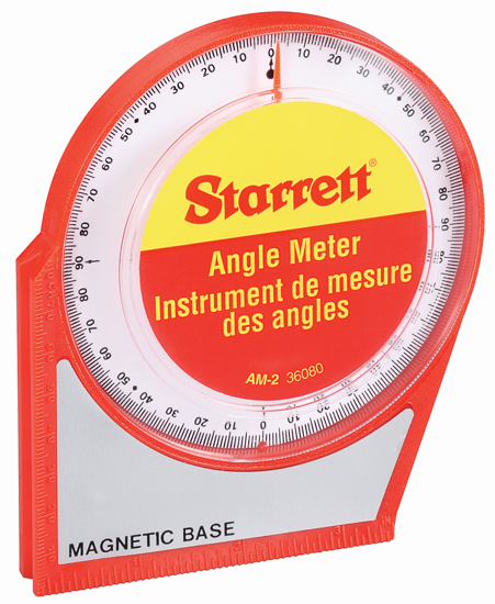 Starrett Angle Meter AM-2 with large scale, magnetic base, measuring angles 0° to 90°, ideal for precise carpentry and construction.