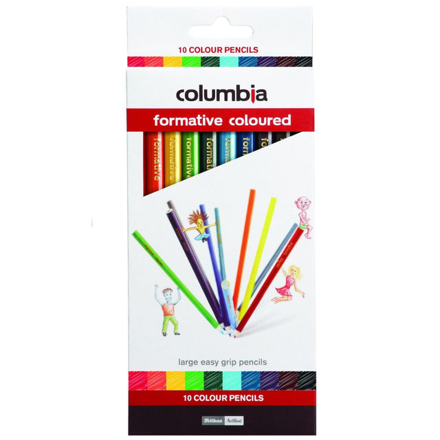 Vibrant Columbia Formative Colour Pencils with a 12-sided grip, ideal for young artists to enhance creativity.