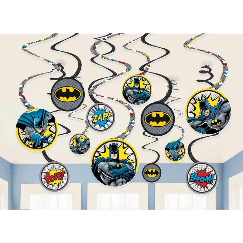 Batman Heroes Unite spiral swirls hanging decorations featuring iconic characters, perfect for superhero-themed parties.