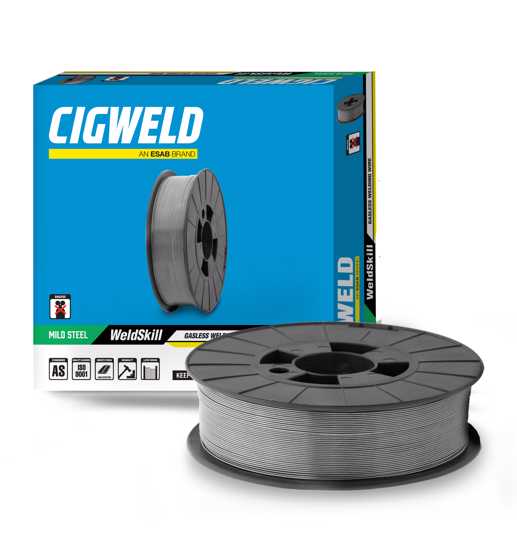 Cigweld Weldskill 0.9mm gasless welding wire roll, 4.5kg, ideal for smooth welds and versatile applications in metal projects.