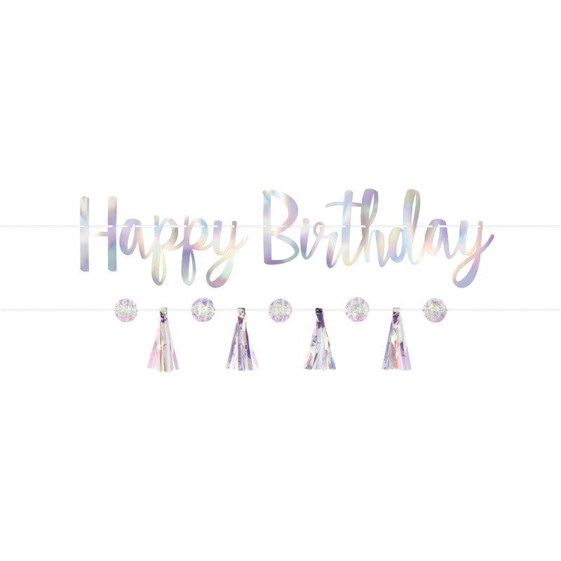 Luminous iridescent ribbon banners in a pack of 2, perfect for vibrant birthday celebrations and festive gatherings.