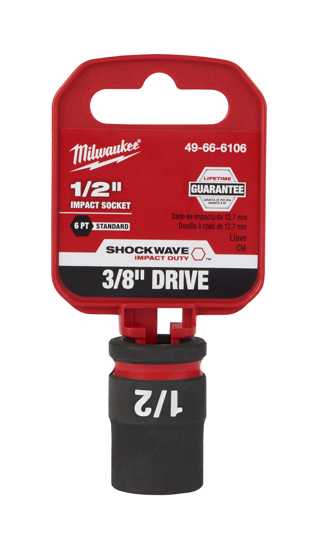 Milwaukee Shockwave 3/8" Drive-1/2" impact socket, forged steel, 6-point design, non-slip hex for heavy-duty tasks.