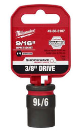 Milwaukee 3/8" drive socket, 9/16" size, designed for high torque and impact durability with non-slip hex geometry.