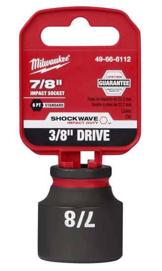 Milwaukee Shockwave 3/8" drive socket, 7/8", forged steel, 6-point design, durable, laser etched size markings, lifetime guarantee.