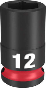 Milwaukee Shockwave socket, 3/8" drive, 12mm, durable forged steel, non-slip hex, marked for easy identification.