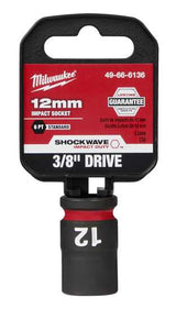 Milwaukee Shockwave 3/8" drive socket, 12mm, forged steel, non-slip hex, dual hole design, for high torque applications.