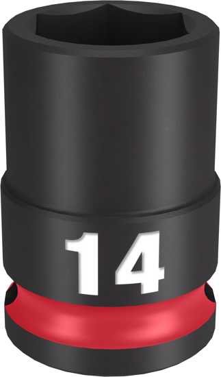 Milwaukee 3/8" drive 14mm Shockwave impact socket, featuring durable steel, non-slip hex, and bold size markings for easy use.