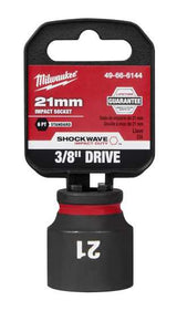 Milwaukee 21mm impact socket with 3/8" drive, featuring 6-point design, forged steel, and easy attachment for heavy-duty use.