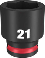 Milwaukee 3/8" drive 21mm impact socket with 6-point design for durability and easy attachment, perfect for high torque tasks.