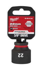 Milwaukee Shockwave 3/8" Drive 22mm socket, forged steel, non-slip grip, 6-point design for high torque applications.