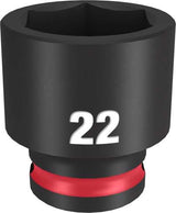 Milwaukee 3/8" drive 22mm socket with high-strength forged steel, non-slip design, and lifetime guarantee for heavy-duty tasks.