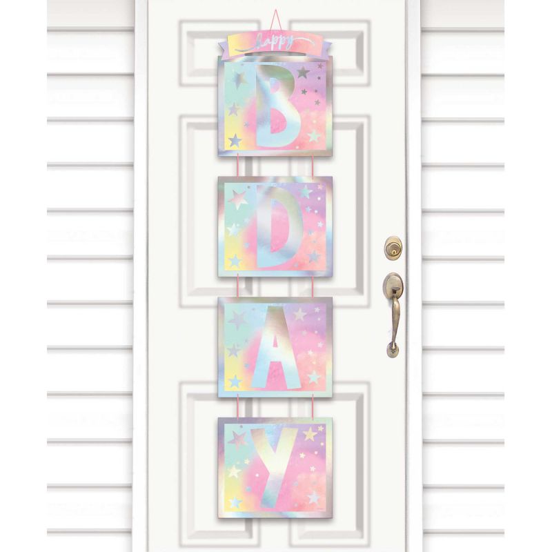 Iridescent foil birthday door hanging decoration, 38cm x 1.6m, perfect for festive entrances and celebrations.