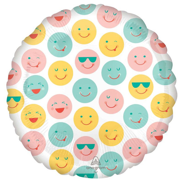 Bright 45cm foil balloon featuring cheerful smiley faces, perfect for birthdays and festive celebrations.