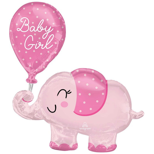 Large foil balloon featuring a cute elephant design in pink, perfect for baby girl celebrations and events.