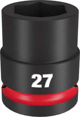 Milwaukee 27mm Shockwave Impact Duty Socket features 6-point non-slip design, forged steel durability, and easy attachment.