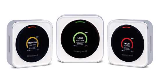 Honeywell air monitor HTRAM-V1, portable device measuring CO2, temperature, humidity with LED alerts for indoor air quality.