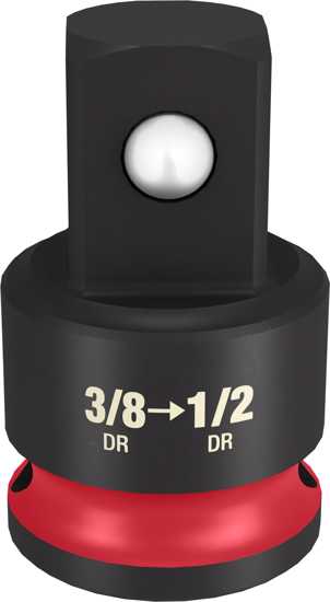 Milwaukee Shockwave impact socket adaptor, 3/8" to 1/2", forged steel, dual-hole design, laser-etched size markings.