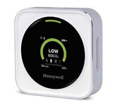 Portable Honeywell air monitor HTRAM-V1-W for real-time CO2, temperature, and humidity tracking with risk alerts and visual indicators.
