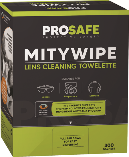 Prosafe Anti-Fog & Cleaning Towelette Box of 300 for streak-free lens cleaning and fog prevention in glasses and gear.