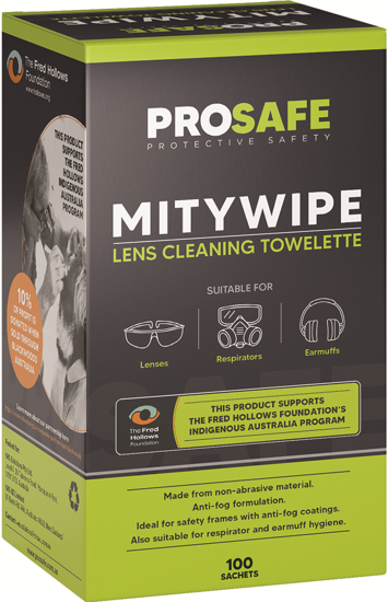 Prosafe Anti-fog and Cleaning Towelette box containing 100 pre-moistened towelettes for fog-free lens maintenance.