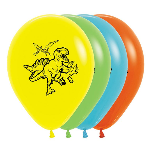 Colorful 30cm dinosaur-themed balloons in yellow, lime, blue, and orange, perfect for dino-themed parties and celebrations.