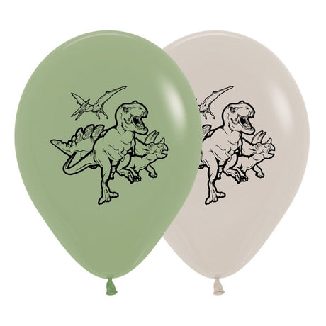 Set of 25 30cm latex balloons in Eucalyptus and White featuring a fun dinosaur design for kids' parties.