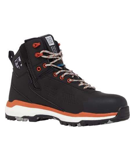 Safety work boots in black and orange, with a vegan-friendly upper and non-slip outsole for comfort and protection.