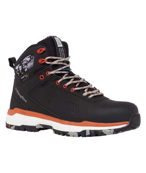 KingGee Terra Firma safety work boots in black and orange, Size 12, featuring vegan microfiber, lightweight design, and non-slip outsole.