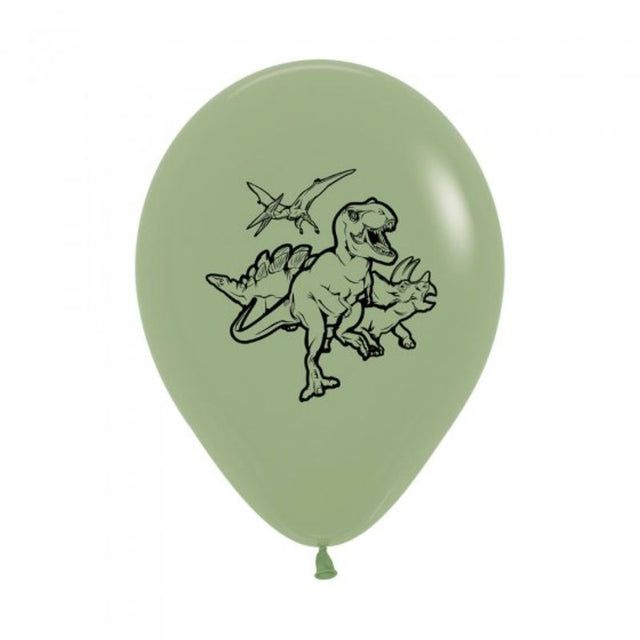 Colorful 30cm dinosaur-themed latex balloons, 6-pack, ideal for festive celebrations and parties, made from eco-friendly eucalyptus latex.