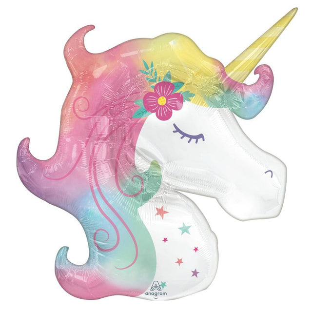 Vibrant 83cm x 73cm self-sealing foil balloon in the shape of an enchanting unicorn, perfect for magical celebrations.