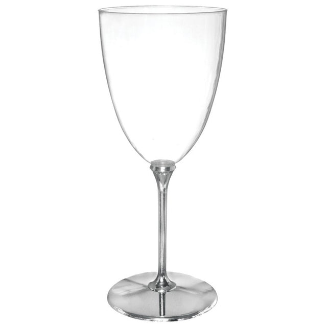 Elegant set of 8 shatterproof plastic wine glasses with silver stems, 207ml capacity, perfect for stylish gatherings.