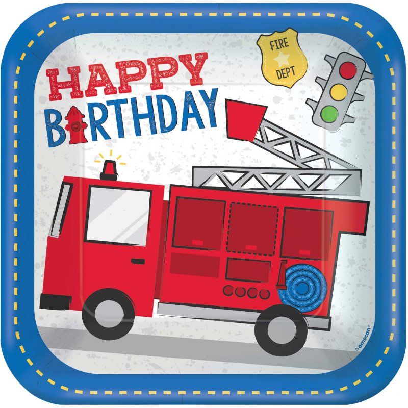 Colorful square paper plates celebrating first responders' birthdays, perfect for cake and snacks, pack of 8.