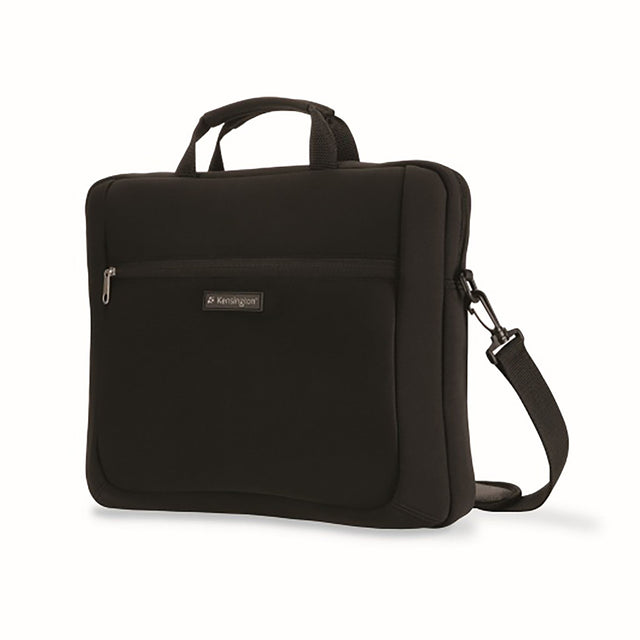 Kensington Sp15 black laptop sleeve features padded protection, front storage pocket, and soft handles for easy transport.