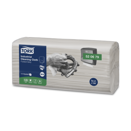 Tork W4 Industrial Folded Cleaning Cloths in grey, 120-pack, designed for efficient cleaning in demanding environments.