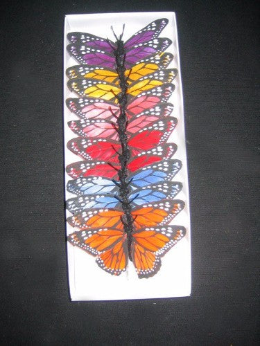 Colorful 9cm artificial Monarch butterflies made of feathers, featuring bendable wire for versatile decorating and crafting. Pack of 12.