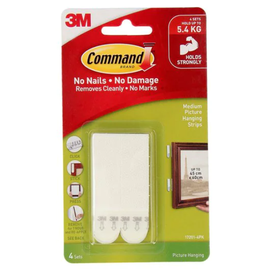 Medium Command Picture Hanging Strips in a pack of 4, ideal for damage-free mounting of frames and artwork on various surfaces.